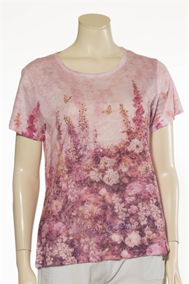 Modflower T-shirt i lyserød med små sten og blomster
